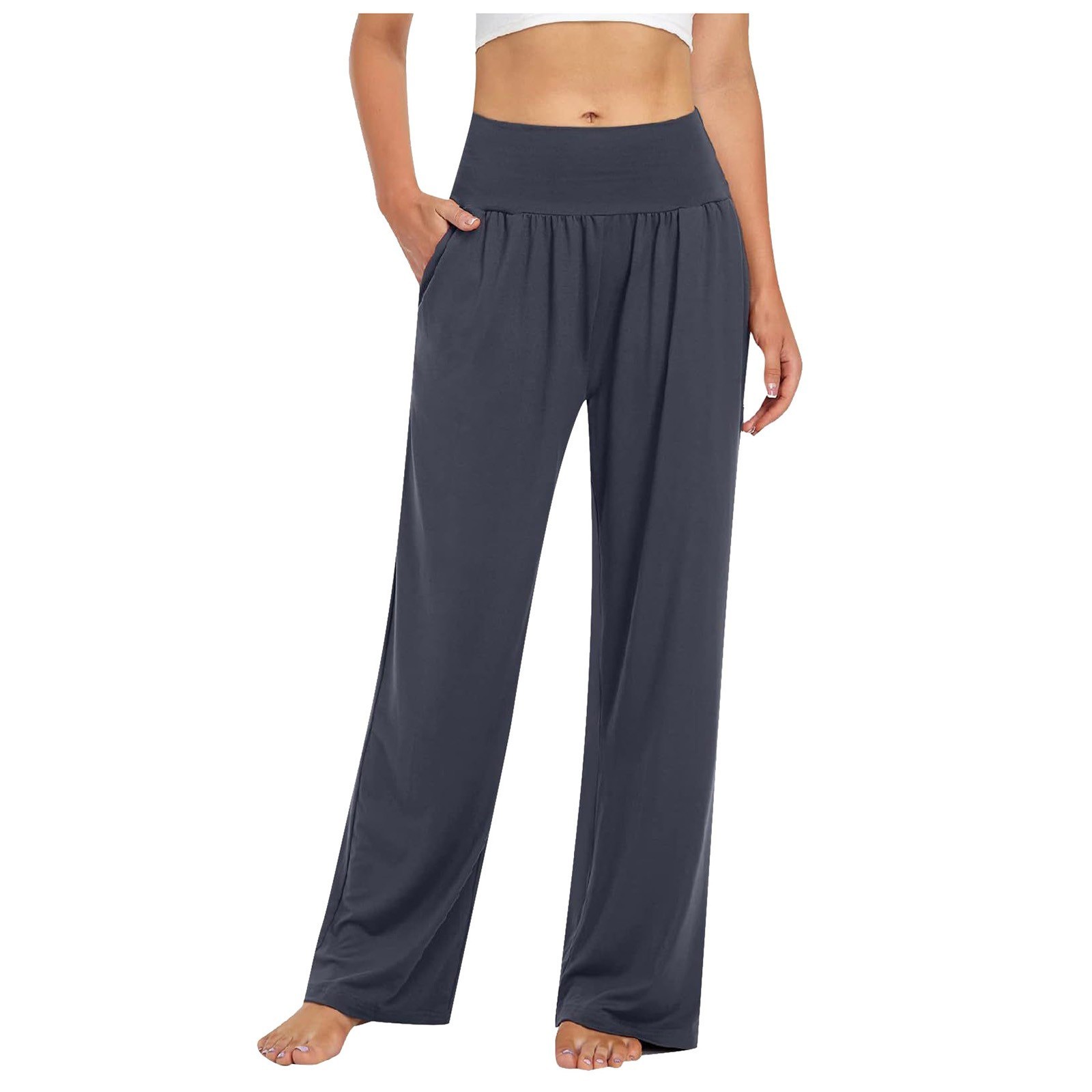thumbnail image 2 of Pantalones de chándal de cintura alta y pierna ancha para mujer: pantalones palazzo de yoga con bolsillos, tejido elástico, para todas las ocasiones, tallas S-XXL, 2 of 6